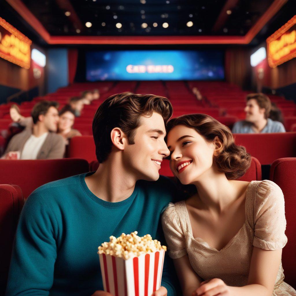A romantic scene set in a bustling movie theater, with a glowing screen showcasing iconic love scenes from box office hits and indie gems. The audience is captivated, with expressions of joy and nostalgia. Soft, warm lighting envelops the space, highlighting popcorn and soda in hand. Include subtle hints of film reels and vintage posters in the background. super-realistic. vibrant colors. cinematic style.