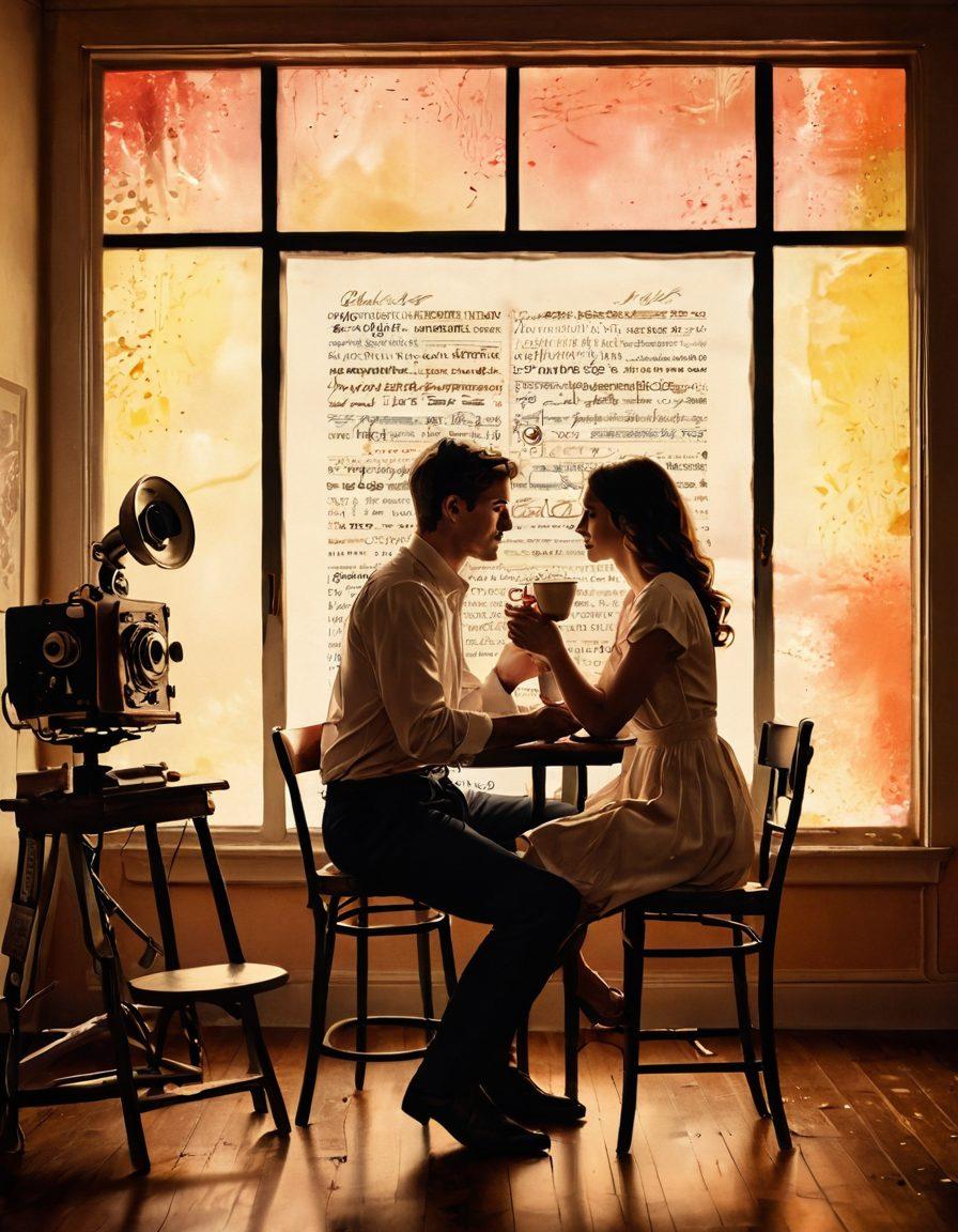A whimsical split-frame scene depicting a romantic film set on one side with a passionate couple sharing a kiss under soft lighting, and on the other side, a vibrant screenplay filled with handwritten notes and coffee stains. Incorporate elements of film reels and a director’s chair, blending the worlds of creation and performance. Emphasize warm colors and dreamy textures that evoke a sense of nostalgia and love. painting. vibrant colors.