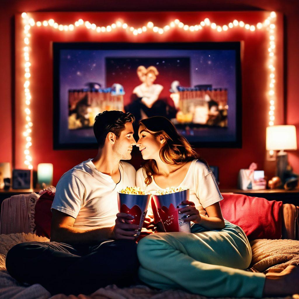 A cozy cinema setting with two lovers sharing popcorn while watching a romantic film. The screen radiates warm, soft light, casting tender shadows around them. Surround the scene with classic movie posters featuring iconic romance films. Include subtle hearts and twinkling fairy lights in the background for a whimsical touch. vibrant colors. super-realistic.